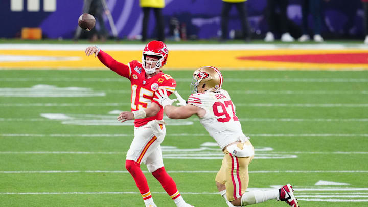 Feb 11, 2024; Paradise, Nevada, USA; Kansas City Chiefs quarterback Patrick Mahomes (15) throws a
