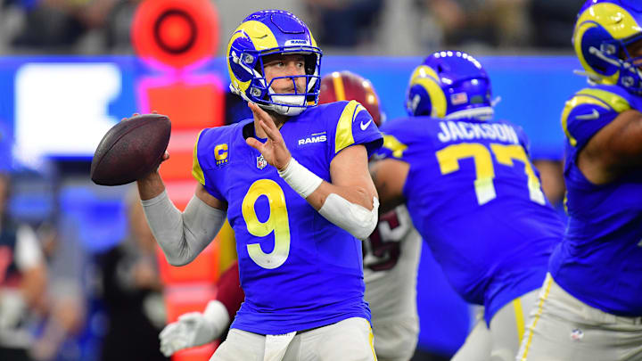 Dec 17, 2023; Inglewood, California, USA; Los Angeles Rams quarterback Matthew Stafford (9) drops