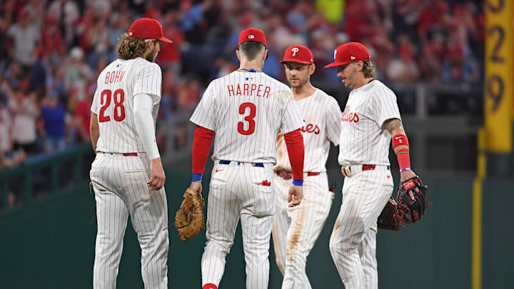 Jun 30, 2025; Philadelphia, Pennsylvania, USA; Philadelphia Phillies third base Alec Bohm (28), first base Bryce Harper (3), shortstop Trea Turner (7) and second base Bryson Stott (5) celebrate win against the San Diego Padres at Citizens Bank Park. Mandatory Credit: Eric Hartline-Imagn Images Jun 30, 2025; Philadelphia, Pennsylvania, USA; Philadelphia Phillies third base Alec Bohm (28), first base Bryce Harper (3), shortstop Trea Turner (7) and second base Bryson Stott (5) celebrate win against the San Diego Padres at Citizens Bank Park. Mandatory Credit: Eric Hartline-Imagn Images
