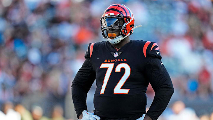 Cincinnati Bengals defensive tackle Domenique Davis (72) waits between plays in the fourth quarter during a Week 9 NFL game, Sunday, Nov. 6, 2022, at Paycor Stadium in Cincinnati. Mandatory Credit: Sam Greene-The Enquirer
Nfl Carolina Panthers At Cincinnati Bengals Cincinnati Bengals defensive tackle Domenique Davis (72) waits between plays in the fourth quarter during a Week 9 NFL game, Sunday, Nov. 6, 2022, at Paycor Stadium in Cincinnati. Mandatory Credit: Sam Greene-The Enquirer
Nfl Carolina Panthers At Cincinnati Bengals