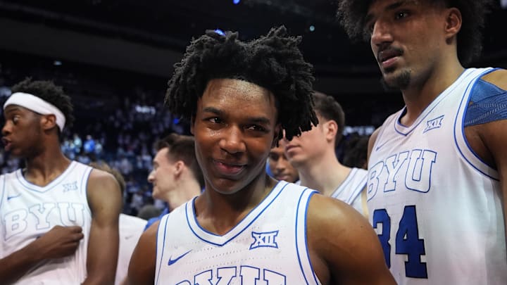 Feb 14, 2026; Provo, Utah, USA; BYU Cougars guard Robert Wright III (1) seen after a 39-point night and an overtime win over the Colorado Buffaloes at the Marriott Center. Mandatory Credit: Aaron Baker-Imagn Images Feb 14, 2026; Provo, Utah, USA; BYU Cougars guard Robert Wright III (1) seen after a 39-point night and an overtime win over the Colorado Buffaloes at the Marriott Center. Mandatory Credit: Aaron Baker-Imagn Images