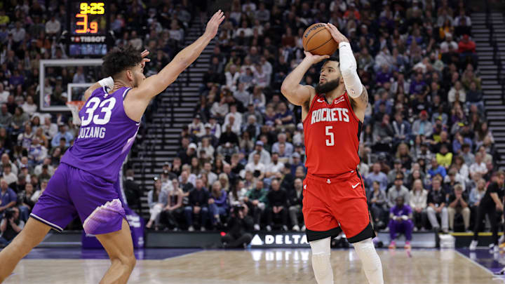 Mar 29, 2024; Salt Lake City, Utah, USA;  Houston Rockets guard Fred VanVleet (5) shoots a three