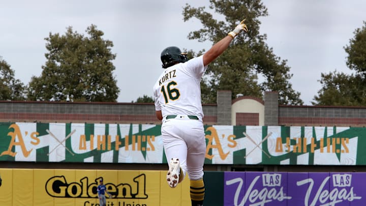 Sep 28, 2025; West Sacramento, California, USA; Athletics first baseman Nick Kurtz (16) reacts after hitting a two-run home run against the Kansas City Royals during the eighth inning at Sutter Health Park. Mandatory Credit: Dennis Lee-Imagn Images