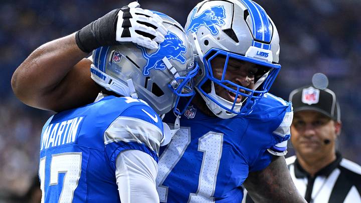 Aug 29, 2026; Indianapolis, Indiana, USA;  Detroit Lions wide receiver Tay Martin (17) and guard Miles Frazier (71) celebrate after after a touchdown against the Indianapolis Colts during the first half at Lucas Oil Stadium.  Mandatory Credit: Robert Goddin-Imagn Images
