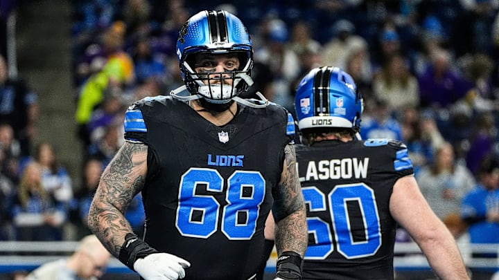 Detroit Lions offensive tackle Taylor Decker (68) warms up before the game between Detroit Lions and Minnesota Vikings at Ford Field in Detroit on Sunday, Jan. 5, 2025.