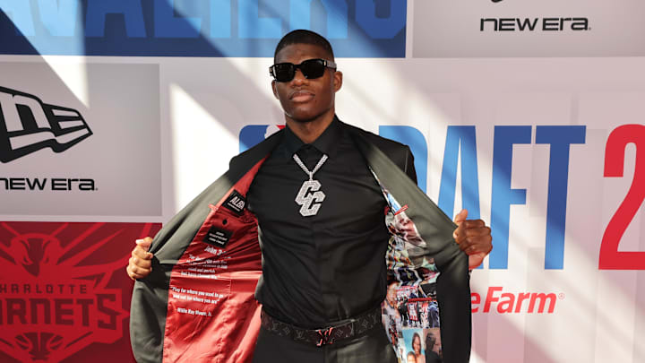 Jun 25, 2025; Brooklyn, NY, USA; Cedric Coward arrives before the first round of the 2025 NBA Draft at Barclays Center. Mandatory Credit: Brad Penner-Imagn Images