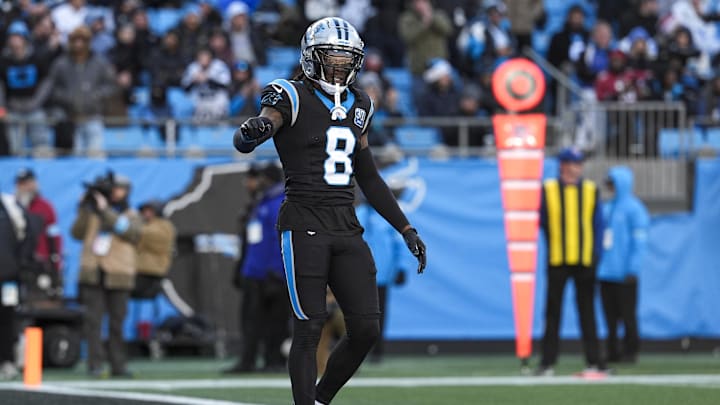 Dec 22, 2024; Charlotte, North Carolina, USA; Carolina Panthers cornerback Jaycee Horn (8) questions a call by the official during the second half against the Arizona Cardinals at Bank of America Stadium. Mandatory Credit: Jim Dedmon-Imagn Images Dec 22, 2024; Charlotte, North Carolina, USA; Carolina Panthers cornerback Jaycee Horn (8) questions a call by the official during the second half against the Arizona Cardinals at Bank of America Stadium. Mandatory Credit: Jim Dedmon-Imagn Images