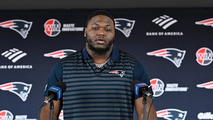 Mar 13, 2025; Foxborough, MA, USA; New England Patriots defensive tackle Milton Williams discusses his recent free agent addition to the Patriots with the media at Gillette Stadium. Mandatory Credit: Eric Canha-Imagn Images