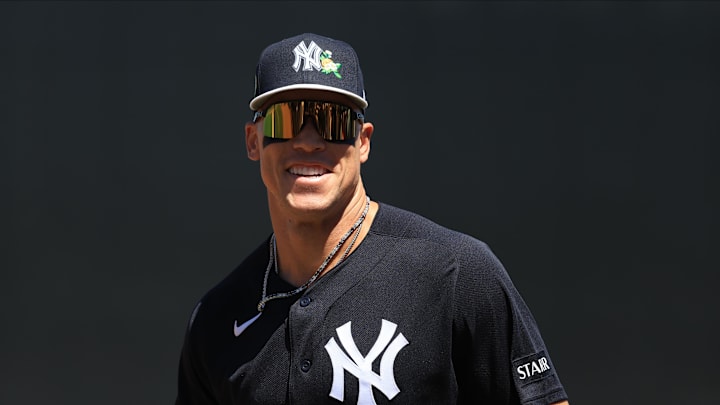 Mar 22, 2026; Tampa, Florida, USA; New York Yankees right fielder Aaron Judge (99) smiles during the fourth inning against the Philadelphia Phillies at George M. Steinbrenner Field. Mandatory Credit: Kim Klement Neitzel-Imagn Images Mar 22, 2026; Tampa, Florida, USA; New York Yankees right fielder Aaron Judge (99) smiles during the fourth inning against the Philadelphia Phillies at George M. Steinbrenner Field. Mandatory Credit: Kim Klement Neitzel-Imagn Images
