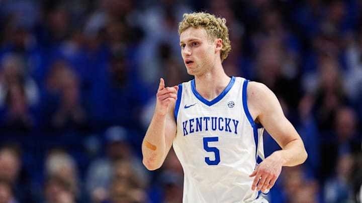 Mar 4, 2025; Lexington, Kentucky, USA; Kentucky Wildcats guard Collin Chandler (5) reacts after making a three-point basket during the first half against the LSU Tigers at Rupp Arena at Central Bank Center. Mandatory Credit: Jordan Prather-Imagn Images Mar 4, 2025; Lexington, Kentucky, USA; Kentucky Wildcats guard Collin Chandler (5) reacts after making a three-point basket during the first half against the LSU Tigers at Rupp Arena at Central Bank Center. Mandatory Credit: Jordan Prather-Imagn Images