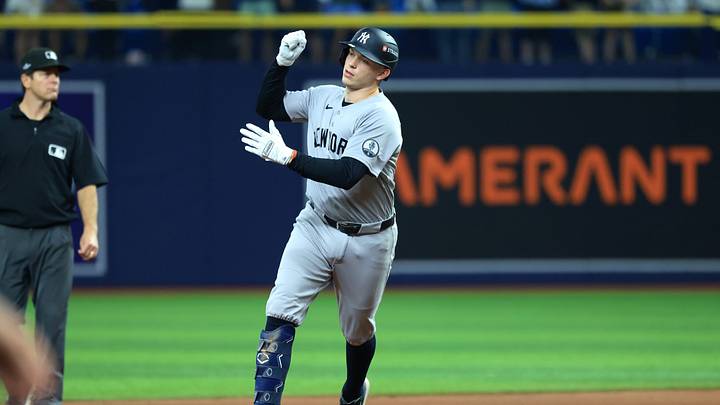Oct 5, 2026; St. Petersburg, Florida, USA; New York Yankees designated hitter Ben Rice (22) hits a home run during the eighth inning against the Tampa Bay Rays in game two of the ALDS for the 2026 MLB Playoffs at Tropicana Field. Mandatory Credit: Kim Klement Neitzel-Imagn Images Oct 5, 2026; St. Petersburg, Florida, USA; New York Yankees designated hitter Ben Rice (22) hits a home run during the eighth inning against the Tampa Bay Rays in game two of the ALDS for the 2026 MLB Playoffs at Tropicana Field. Mandatory Credit: Kim Klement Neitzel-Imagn Images
