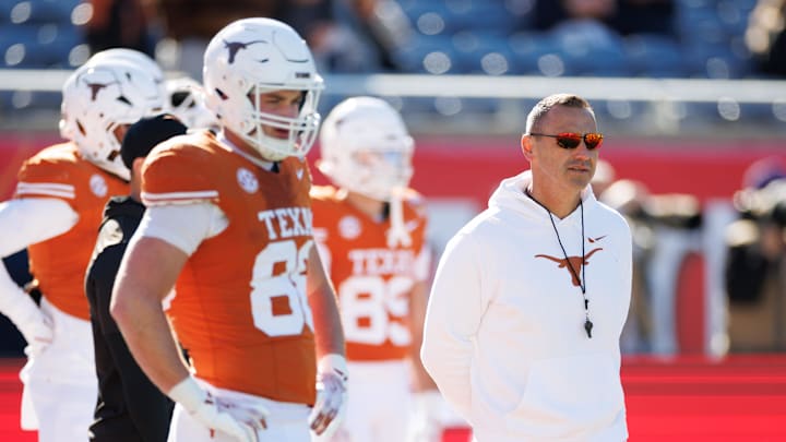 Dec 31, 2025; Orlando, FL, USA; Texas Longhorns head coach Steve Sarkisian looks on before a game against the Michigan Wolverines at Camping World Stadium. Mandatory Credit: Matt Pendleton-Imagn Images