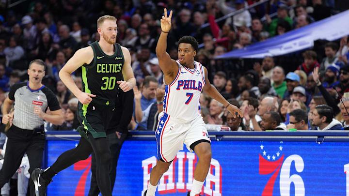 Feb 2, 2025; Philadelphia, Pennsylvania, USA; Philadelphia 76ers guard Kyle Lowry (7) reacts against the Boston Celtics in the second quarter at Wells Fargo Center. Mandatory Credit: Kyle Ross-Imagn Images