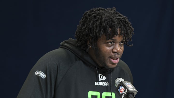 Mar 1, 2025; Indianapolis, IN, USA; University of Missouri offensive lineman Armand Membou (OL28) answers questions at a press conference during the 2025 NFL Combine at Indiana Convention Center. Mar 1, 2025; Indianapolis, IN, USA; University of Missouri offensive lineman Armand Membou (OL28) answers questions at a press conference during the 2025 NFL Combine at Indiana Convention Center.