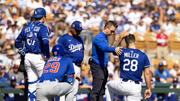 Feb 20, 2025; Phoenix, Arizona, USA; Los Angeles Dodgers pitcher Bobby Miller (28) is tended to by a trainer after being hit in the head with a line drive against the Chicago Cubs during a spring training game at Camelback Ranch-Glendale. Mandatory Credit: Mark J. Rebilas-Imagn Images Feb 20, 2025; Phoenix, Arizona, USA; Los Angeles Dodgers pitcher Bobby Miller (28) is tended to by a trainer after being hit in the head with a line drive against the Chicago Cubs during a spring training game at Camelback Ranch-Glendale. Mandatory Credit: Mark J. Rebilas-Imagn Images