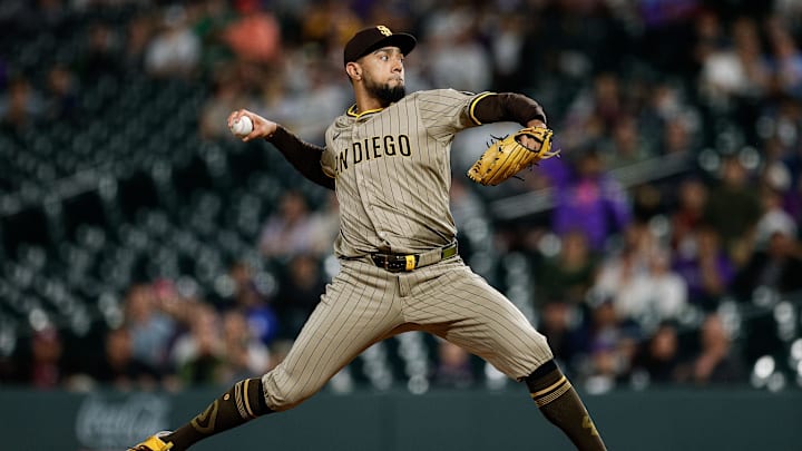 May 9, 2025; Denver, Colorado, USA; San Diego Padres relief pitcher Robert Suarez (75) pitches in the ninth inning against the Colorado Rockies at Coors Field. Mandatory Credit: Isaiah J. Downing-Imagn Images