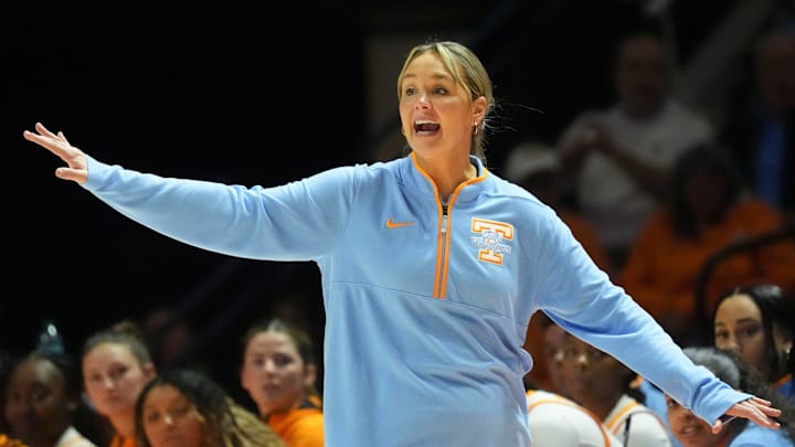 Tennessee basketball coach Kim Caldwell yells directions to her players during an NCAA college basketball game against Georgia on Sunday, March 2, 2025, in Knoxville, Tenn.