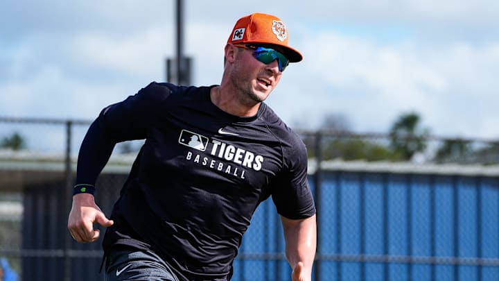 Detroit Tigers infielder Spencer Torkelson works out during spring training at TigerTown in Lakeland, Fla. on Saturday, Feb. 15, 2025.