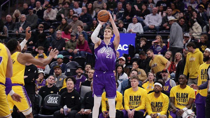 Feb 12, 2025; Salt Lake City, Utah, USA; Utah Jazz forward Lauri Markkanen (23) shoots during the second half against the Los Angeles Lakers at Delta Center. Mandatory Credit: Chris Nicoll-Imagn Images Feb 12, 2025; Salt Lake City, Utah, USA; Utah Jazz forward Lauri Markkanen (23) shoots during the second half against the Los Angeles Lakers at Delta Center. Mandatory Credit: Chris Nicoll-Imagn Images
