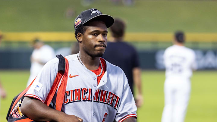 Nov 9, 2025; Mesa, AZ, USA; Cincinnati Reds infielder Cam Collier during the Arizona Fall League Fall Stars Game at Sloan Park. Mandatory Credit: Mark J. Rebilas-Imagn Images Nov 9, 2025; Mesa, AZ, USA; Cincinnati Reds infielder Cam Collier during the Arizona Fall League Fall Stars Game at Sloan Park. Mandatory Credit: Mark J. Rebilas-Imagn Images