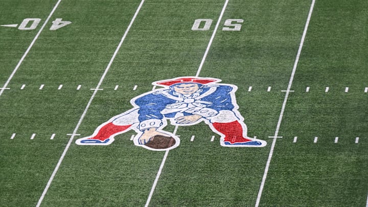 Dec 1, 2024; Foxborough, Massachusetts, USA; A general overview of the game field with the Pat Patriot throwback logo at Gillette Stadium prior to a game against the Indianapolis Colts. Mandatory Credit: Eric Canha-Imagn Images