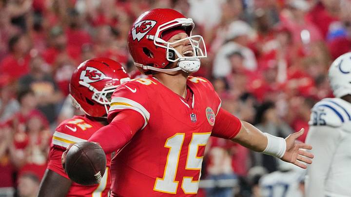 Kansas City Chiefs quarterback Patrick Mahomes (15) celebrates after a touchdown against the Indianapolis Colts 
