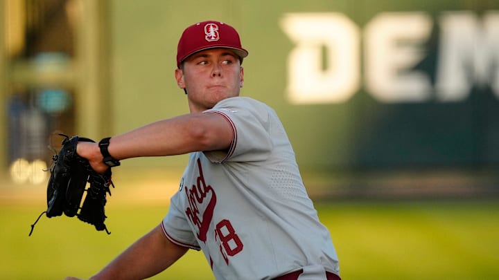 Matt Scott (28) of Stanford pitches against Arizona State University during a game at Phoenix Municipal Stadium on May 6, 2023.