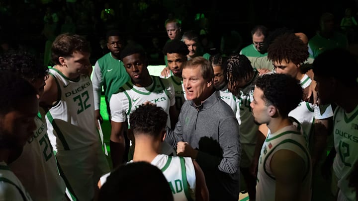 Oregon head coach Dana Altman talks to his team before the game as the Oregon Ducks host the Montana Grizzlies at Matthew Knight Arena Friday, Nov. 8, 2024 in Eugene, Ore.