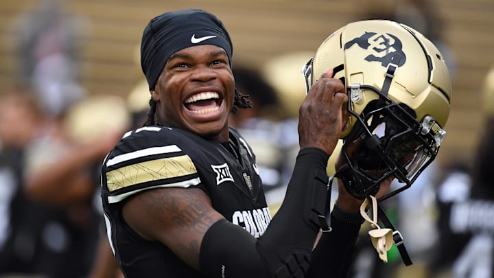 Sep 21, 2024; Boulder, Colorado, USA; Colorado Buffaloes wide receiver Travis Hunter (12) before the game against the Baylor Bears at Folsom Field. Mandatory Credit: Christopher Hanewinckel-Imagn Images Sep 21, 2024; Boulder, Colorado, USA; Colorado Buffaloes wide receiver Travis Hunter (12) before the game against the Baylor Bears at Folsom Field. Mandatory Credit: Christopher Hanewinckel-Imagn Images