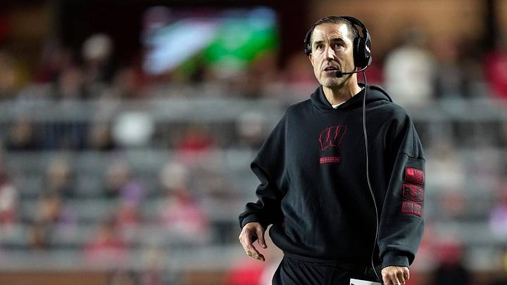 Nov 22, 2025; Madison, Wisconsin, USA; Wisconsin Badgers head coach Luke Fickell looks on during a timeout  in the second half against the Illinois Fighting Illini at Camp Randall Stadium. Mandatory Credit: Kayla Wolf-Imagn Images