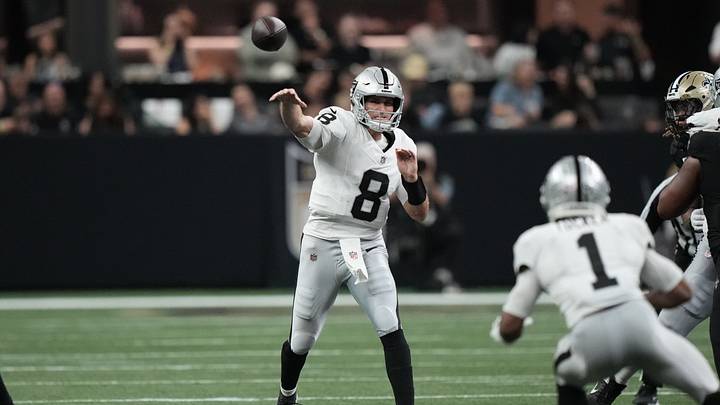 Sep 27, 2026; New Orleans, Louisiana, USA; Las Vegas Raiders quarterback Kirk Cousins (8) throws in the second quarter against the New Orleans Saints at Caesars Superdome. Mandatory Credit: Matthew Hinton-Imagn Images Sep 27, 2026; New Orleans, Louisiana, USA; Las Vegas Raiders quarterback Kirk Cousins (8) throws in the second quarter against the New Orleans Saints at Caesars Superdome. Mandatory Credit: Matthew Hinton-Imagn Images