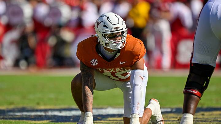 Oct 11, 2025; Dallas, Texas, USA; Texas Longhorns defensive end Lance Jackson (40) during the game between the Texas Longhorns and the Oklahoma Sooners at the Cotton Bowl. Mandatory Credit: Jerome Miron-Imagn Images