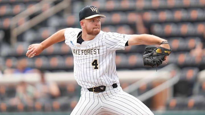 Wake Forest pitcher Blake Morningstar (4) pitches during a NCAA regional baseball game between Cincinnati and Wake Forest at Lindsey Nelson Stadium in Knoxville, Tenn., on May 30, 2025.