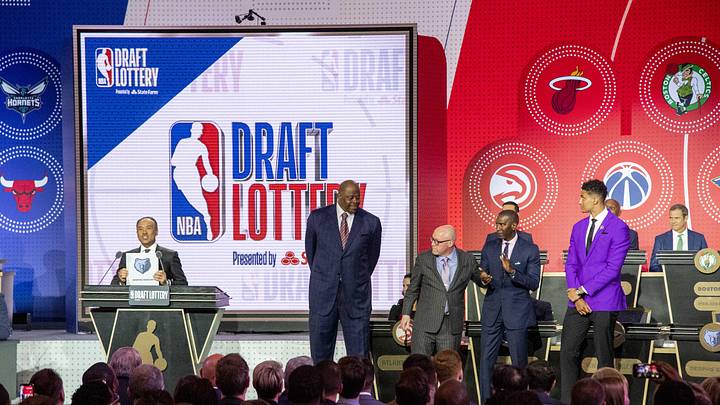 May 14, 2019; Chicago, IL, USA; NBA deputy commissioner Mark Tatum reveals the number two pick for the Memphis Grizzlies during the 2019 NBA Draft Lottery at the Hilton Chicago. Mandatory Credit: Patrick Gorski-Imagn Images