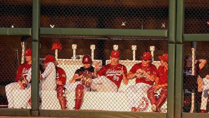 May 15, 2026; Tuscaloosa, AL, USA; The Alabama bullpen chills in the early innings during the final week of the regular season at Sewell-Thomas Stadium.