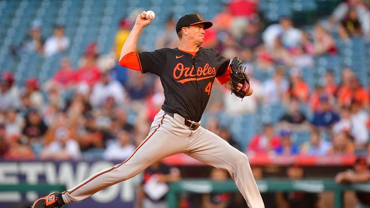 May 10, 2025; Anaheim, California, USA; Baltimore Orioles pitcher Kyle Gibson (48) throws against the Los Angeles Angels during the first inning at Angel Stadium. Mandatory Credit: Gary A. Vasquez-Imagn Images