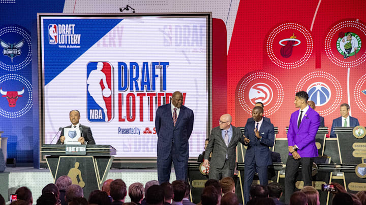 May 14, 2019; Chicago, IL, USA; NBA deputy commissioner Mark Tatum reveals the number two pick for the Memphis Grizzlies during the 2019 NBA Draft Lottery at the Hilton Chicago. Mandatory Credit: Patrick Gorski-Imagn Images