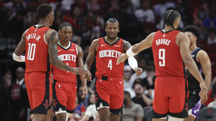 Apr 2, 2025; Houston, Texas, USA; Houston Rockets guard Jalen Green (4) reacts after a play during the first half against the Utah Jazz at Toyota Center. Mandatory Credit: Troy Taormina-Imagn Images