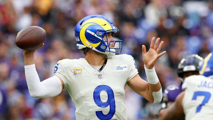 Oct 12, 2025; Baltimore, Maryland, USA; Los Angeles Rams quarterback Matthew Stafford (9) passes the ball against the Baltimore Ravens during the second half of the game at M&T Bank Stadium. Mandatory Credit: Peter Casey-Imagn Images