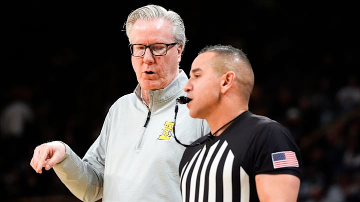 Iowa head coach Fran McCaffery speaks to a referee during a Big Ten Conference game against the Michigan State Spartans Thursday, March 6, 2025 at Carver-Hawkeye Arena in Iowa City.