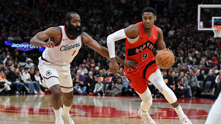 Feb 2, 2025; Toronto, Ontario, CAN; Toronto Raptors forward RJ Barrett (9) dribbles the ball past Los Angeles Clippers guard James Harden (1) in the first half at Scotiabank Arena. Mandatory Credit: Dan Hamilton-Imagn Images Feb 2, 2025; Toronto, Ontario, CAN; Toronto Raptors forward RJ Barrett (9) dribbles the ball past Los Angeles Clippers guard James Harden (1) in the first half at Scotiabank Arena. Mandatory Credit: Dan Hamilton-Imagn Images
