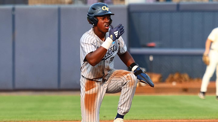 May 31, 2025; Oxford, MS, USA; Georgia Tech Yellowjackets catcher Vahn Lackey (25) reacts after stealing second base during the first inning against the Murray State Racers. Mandatory Credit: Petre Thomas-Imagn Images