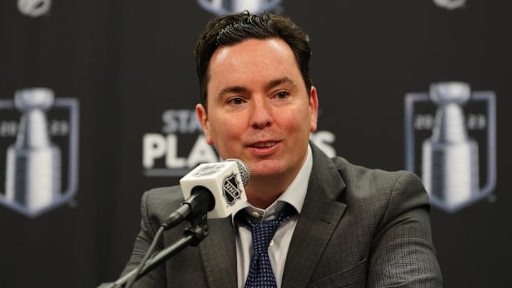 May 6, 2023; Las Vegas, Nevada, USA; Edmonton Oilers head coach Jay Woodcroft fields questions in a press conference after the Oilers defeated the Vegas Golden Knights in game two of the second round of the 2023 Stanley Cup Playoffs at T-Mobile Arena. Mandatory Credit: Stephen R. Sylvanie-Imagn Images