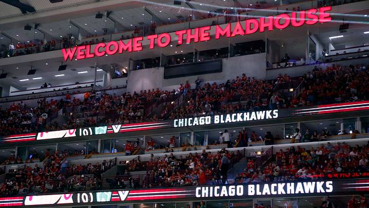 May 18, 2013; Chicago, IL, USA; A general view of the "welcome to the madhouse" sign in the first period of game two of the second round of the 2013 Stanley Cup Playoffs between the Chicago Blackhawks and the Detroit Red Wings at the United Center. Mandatory Credit: Jerry Lai-USA TODAY Sports
