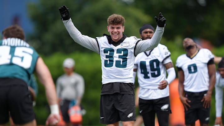 Jun 10, 2025; Philadelphia, PA, USA; Philadelphia Eagles defensive back Cooper DeJean (33) reacts during warmups before a practice drill at NovaCare Complex. Mandatory Credit: Kyle Ross-Imagn Images