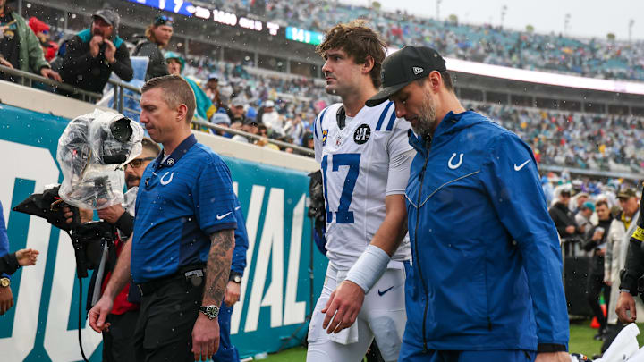 Dec 7, 2025; Jacksonville, Florida, USA; Indianapolis Colts quarterback Daniel Jones (17) leaves the field with an apparent injury against the Jacksonville Jaguars during the first half at EverBank Stadium. Mandatory Credit: Matt Pendleton-Imagn Images Dec 7, 2025; Jacksonville, Florida, USA; Indianapolis Colts quarterback Daniel Jones (17) leaves the field with an apparent injury against the Jacksonville Jaguars during the first half at EverBank Stadium. Mandatory Credit: Matt Pendleton-Imagn Images