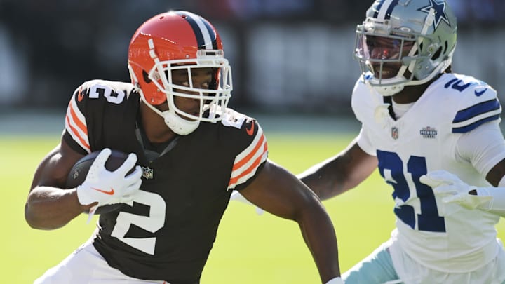 Sep 8, 2024; Cleveland, Ohio, USA; Cleveland Browns wide receiver Amari Cooper (2) runs with the ball after a catch as Dallas Cowboys cornerback Caelen Carson (21) defends during the first quarter at Huntington Bank Field. Mandatory Credit: Ken Blaze-Imagn Images Sep 8, 2024; Cleveland, Ohio, USA; Cleveland Browns wide receiver Amari Cooper (2) runs with the ball after a catch as Dallas Cowboys cornerback Caelen Carson (21) defends during the first quarter at Huntington Bank Field. Mandatory Credit: Ken Blaze-Imagn Images