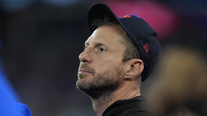 Sep 26, 2025; Toronto, Ontario, CAN; Toronto Blue Jays pitcher Max Scherzer (31) in the dug out during the first inning against the Tampa Bay Rays at Rogers Centre. Sep 26, 2025; Toronto, Ontario, CAN; Toronto Blue Jays pitcher Max Scherzer (31) in the dug out during the first inning against the Tampa Bay Rays at Rogers Centre.
