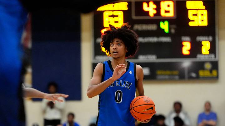 AB Elite Beckham Black (0) looks toward the scoreboard during the third day of the 2026 Nike EYBL Peach Jam at Riverview Park Activities Center in North Augusta, S.C., on Thursday, July 16, 2026. AB Elite defeated Brad Beal Elite 76-63.
