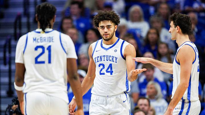 Oct 28, 2026; Lexington, KY, USA; Kentucky Wildcats center Malachi Moreno (24) reacts with forward Milan Momcilovic (22) during the first half against the UCF Knights at Rupp Arena Central Bank Center. Mandatory Credit: Jordan Prather-Imagn Images Oct 28, 2026; Lexington, KY, USA; Kentucky Wildcats center Malachi Moreno (24) reacts with forward Milan Momcilovic (22) during the first half against the UCF Knights at Rupp Arena Central Bank Center. Mandatory Credit: Jordan Prather-Imagn Images